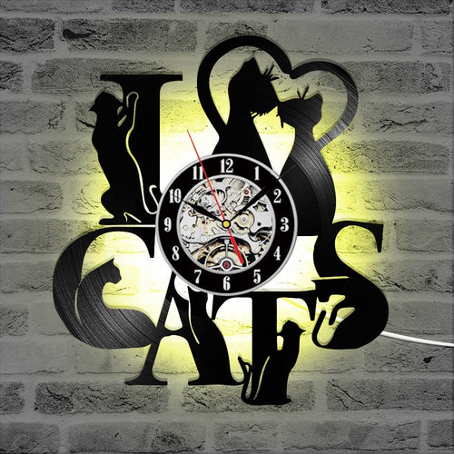 Unique Vinyl Clock I Love Cats Record Wall Clock Kitten Decor Clock 3D