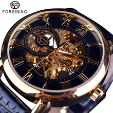 Load image into Gallery viewer, 3d Logo Design Hollow Engraving Black Gold Case Leather Skeleton Mechanical Watches
