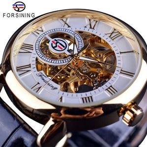 3d Logo Design Hollow Engraving Black Gold Case Leather Skeleton Mechanical Watches