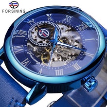 Load image into Gallery viewer, 3d Logo Design Hollow Engraving Black Gold Case Leather Skeleton Mechanical Watches