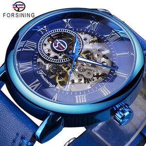 3d Logo Design Hollow Engraving Black Gold Case Leather Skeleton Mechanical Watches