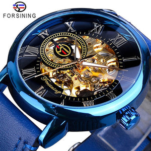 3d Logo Design Hollow Engraving Black Gold Case Leather Skeleton Mechanical Watches