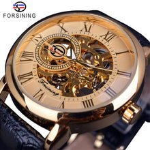Load image into Gallery viewer, 3d Logo Design Hollow Engraving Black Gold Case Leather Skeleton Mechanical Watches