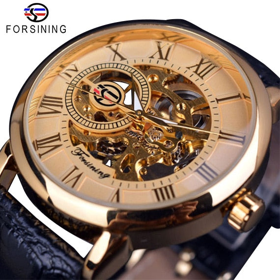 3d Logo Design Hollow Engraving Black Gold Case Leather Skeleton Mechanical Watches