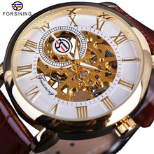 Load image into Gallery viewer, 3d Logo Design Hollow Engraving Black Gold Case Leather Skeleton Mechanical Watches