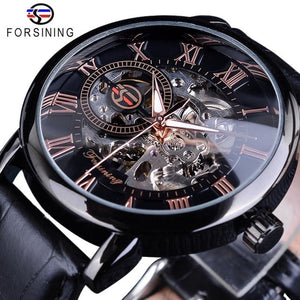3d Logo Design Hollow Engraving Black Gold Case Leather Skeleton Mechanical Watches