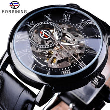 Load image into Gallery viewer, 3d Logo Design Hollow Engraving Black Gold Case Leather Skeleton Mechanical Watches