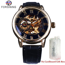 Load image into Gallery viewer, 3d Logo Design Hollow Engraving Black Gold Case Leather Skeleton Mechanical Watches