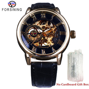 3d Logo Design Hollow Engraving Black Gold Case Leather Skeleton Mechanical Watches