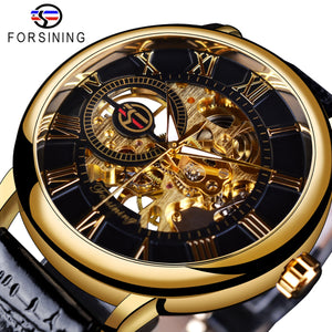 3d Logo Design Hollow Engraving Black Gold Case Leather Skeleton Mechanical Watches
