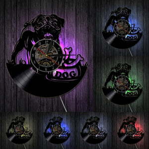 English Bulldog Shadow Wall Art Decor Dog Puppy Vinyl Record Wall Clock
