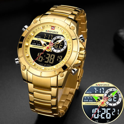 NAVIFORCE Men Military Sport Wrist Watch Gold Quartz Stee
