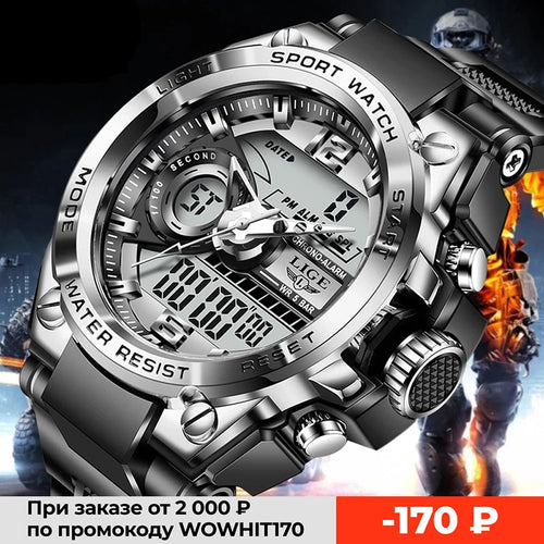 LIGE Digital Men Military Watch 50m Waterproof Wristwatch